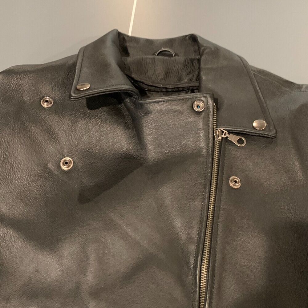 Black Genuine Leather Asymmetrical Zip Moto Jacket Braided Detail Womens Large - Picture 10 of 13